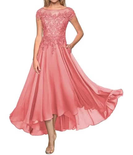 Teelänge Mutter der Braut Kleid Spitze Lang Formal Abendkleid Chiffon Hochzeit Gastkleider für Kurzarm von Sincemeet