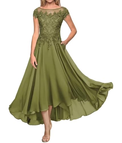 Teelänge Mutter der Braut Kleid Spitze Lang Formal Abendkleid Chiffon Hochzeit Gastkleider für Kurzarm von Sincemeet