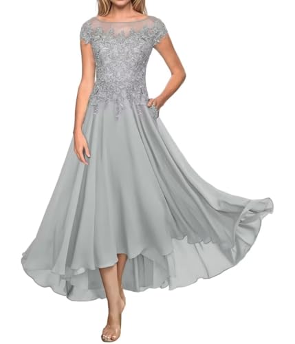 Teelänge Mutter der Braut Kleid Spitze Lang Formal Abendkleid Chiffon Hochzeit Gastkleider für Kurzarm von Sincemeet