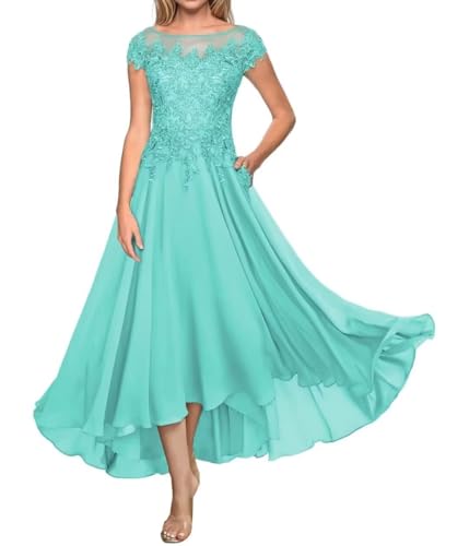 Teelänge Mutter der Braut Kleid Spitze Lang Formal Abendkleid Chiffon Hochzeit Gastkleider für Kurzarm von Sincemeet