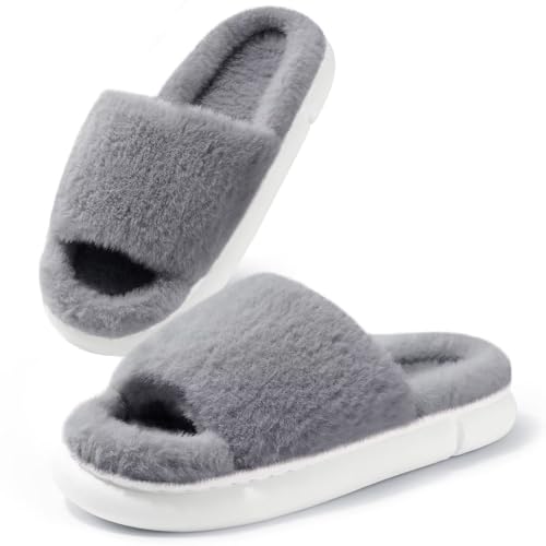 SincereWay Frauen Plüsch Kunstpelz Memory Foam Hausschuhe Fuzzy Open-Toe Comfort Hausschuhe von SincereWay