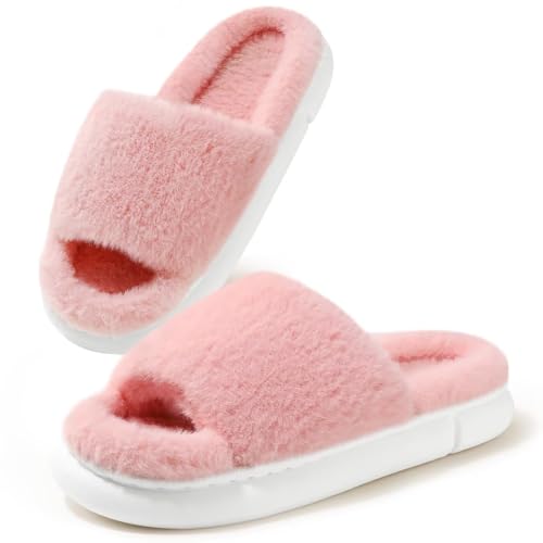 SincereWay Frauen Plüsch Kunstpelz Memory Foam Hausschuhe Fuzzy Open-Toe Comfort Hausschuhe von SincereWay