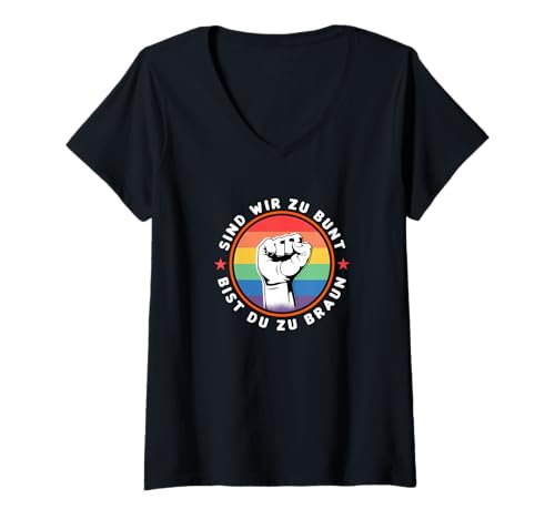 Damen Sind wir zu bunt, bist du zu braun - Statement T-Shirt mit V-Ausschnitt Damen Sind wir zu bunt, bist du zu braun - Statement T-Shirt mit V-Ausschnitt von Sind wir zu bunt - bist du zu braun!