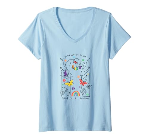 Damen Sind wir zu bunt, bist du zu braun - Statement T-Shirt mit V-Ausschnitt Damen Sind wir zu bunt, bist du zu braun - Statement T-Shirt mit V-Ausschnitt von Sind wir zu bunt - bist du zu braun!