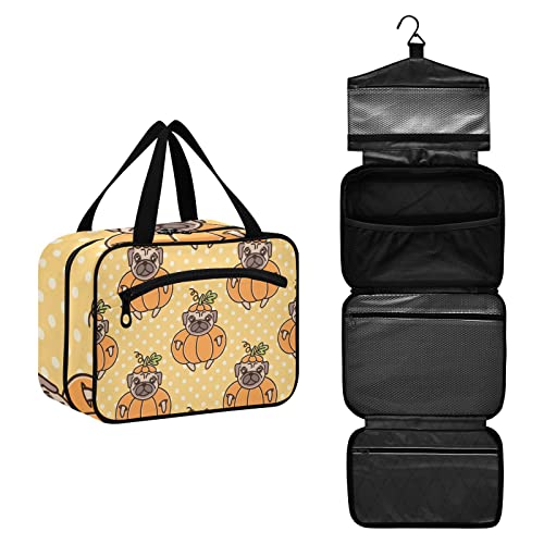 Herbst Mops Kürbis Hunde Kulturbeutel für Frauen Reise Make-up Tasche Organizer mit Haken zum Aufhängen Kosmetiktaschen Hängende Kulturbeutel für Frauen Männer Reisetasche für Toilettenartikel Shampoo Bürsten Flasche, mehrfarbig, M von Sinestour