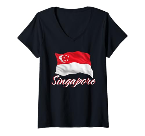 Damen Singapur-Flagge von Singapur, patriotische Männer, Frauen, Kinder T-Shirt mit V-Ausschnitt von Singapore Flag Asian Heritage Apparel & Gifts
