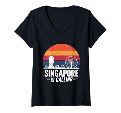 Damen Retro Singapore is Calling Travel to Southeast Asia T-Shirt mit V-Ausschnitt von Singapur Outfit Männer & Frauen