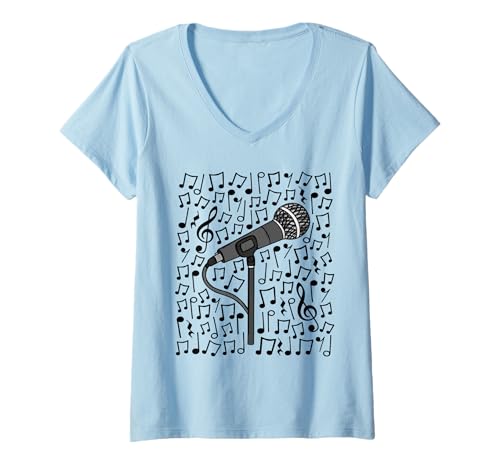 Damen Sänger, Mikrofon, Musikalisch, Notizen, Gesangslehrer T-Shirt mit V-Ausschnitt Damen Sänger, Mikrofon, Musikalisch, Notizen, Gesangslehrer T-Shirt mit V-Ausschnitt von Singing Teacher Sheet Music Musician By DoodleRob