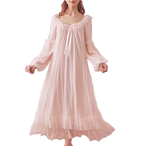 SINGINGQWEEN Damen Vintage viktorianisches Nachthemd Langarm Sheer Nachtwäsche Pyjama Nachtwäsche Lounge Kleid, Pink, Large von SINGINGQWEEN