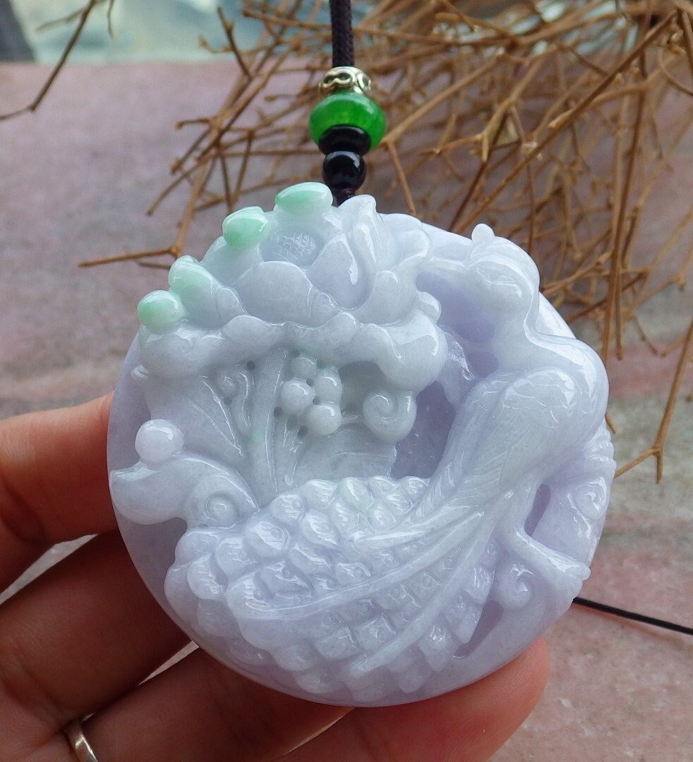 Zertifizierte Handgeschnitzte Lavendel Grün 100% Natürliche Myanmar Burma Grade A Jade Jadeit Phoenix Vogel Blume Anhänger Halskette von Singjade