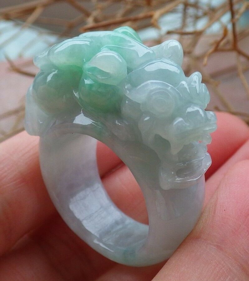 Zertifizierter Handgeschnitzter Grüner Grüner Myanmar Burma A Jade Jadeit Drache Pi Xiu Ring Us 10 von Singjade