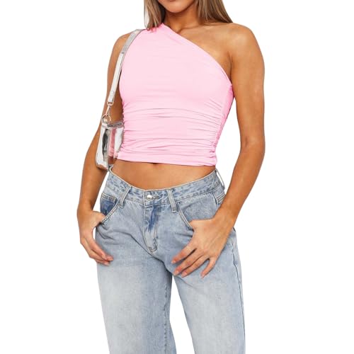 Crop top y2k 2025 Teenager Mädchen Ärmellose Eine Schulter Oberteile Solid Color y2k Tshirt Slim Fit Damen y2k top 2025 Sommer Tops y2k, Damen Sommer elegant Sommer ärmellos Tank Tops t-Shirt von Singular-Point