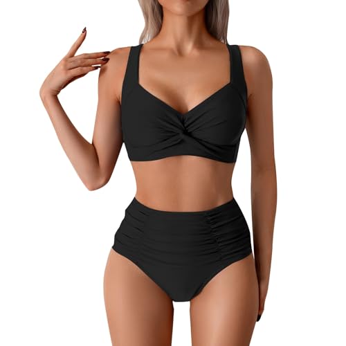 Damen Bikini Set High Waist Wickeloptik Crossover Bügel Push Up Bikini Verstellbare Träger Bademode Zweiteiliger Badeanzug Swimsuit mit Brustpolster S-XXL von Singular-Point