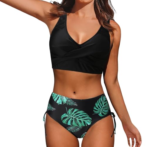 Damen Bikini mit Push up, Damen Bikini Set Neckholder Rüschen Gesmokter Bikini Bademode Abnehmbare Träger Blumenmuster Zweiteiliger Badeanzug Swimsuit,A Black,S von Singular-Point