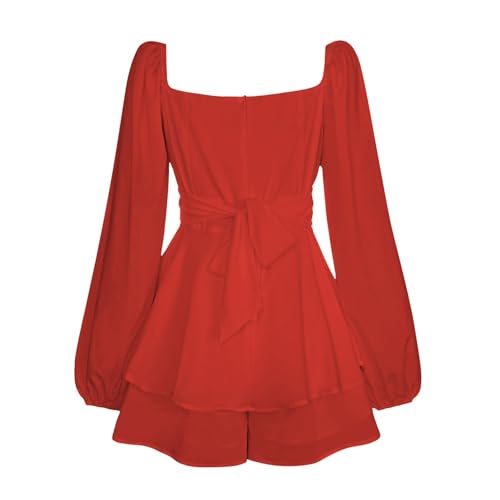 Jumpsuit Damen Elegant Sommer Kurz Boho Strampler Schulterfreir Langarm Blumenmuster Strandkleid Playsuit High Waist Overall Minikleid Rüschenschicht Weites Bein Partykleid mit Gürtel (Red, M) von Singular-Point