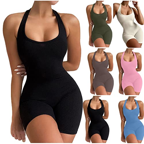 Jumpsuit Damen Kurz Eng Sexy Ärmellose Yoga Romper Spaghetti Strap Bodycon Jumpsuits Sommer Tank Top Einteiler Overall One Piece Bodysuit Stretch Fitness Workout Sport Romper Outfits,C# Black,XL von Singular-Point