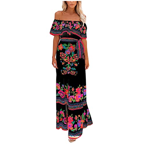 Mexikanisches Kleid Damen Schulterfrei Langes Abendkleid Blumen Maxikleid Boho Strandkleid Freizeitkleid Partykleid Cocktailkleid Elegant Bandeau Trägerlos Sommerkleid Wickelkleid A# Black,L von Singular-Point