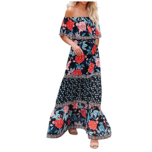 Mexikanisches Kleid Damen Schulterfrei Langes Abendkleid Blumen Maxikleid Boho Strandkleid Freizeitkleid Partykleid Cocktailkleid Elegant Bandeau Trägerlos Sommerkleid Wickelkleid C# Sky Blue,L von Singular-Point
