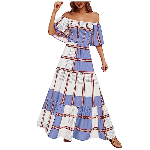 Mexikanisches Kleid Damen Schulterfrei Langes Abendkleid Blumen Maxikleid Boho Strandkleid Freizeitkleid Partykleid Cocktailkleid Elegant Bandeau Trägerlos Sommerkleid Wickelkleid D# Blue,L von Singular-Point