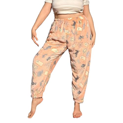Schlafanzug Damen Pyjamas Hosen Lang Flanell Pyjama Hose Schlafhose Weich Kawaii Pyjamas Anime Bequeme Winter Schlafanzughose Frauen Anime Cartoon Casual Home Hosen Herbst Winter,Halloween Orange,L von Singular-Point