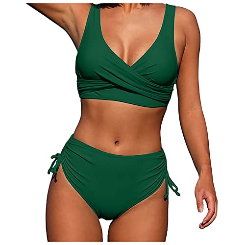 Singular-Point Bikini Damen Set Bauch Weg, Bikini Damen Set Push Up Zweiteiler Bauchweg V-Ausschnitt Große Größe Bademode Hoher Taille Colour Blocking Mit Muschelkante Badebekleidung,D Green,L von Singular-Point