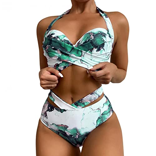 Singular-Point Bikini Hose high Waist Damen, Damen Bikini Set Crossover Bustier High Waist Bikini Bademode Elegant Zweiteiliger Badeanzug Swimsuit,Green,XL von Singular-Point