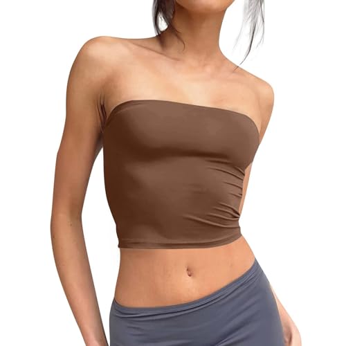 Singular-Point Crop Tops Damen,Bandeau Top Damen Crop Tops Y2K Mädchen Bustier Sommer Schulterfrei Tube Tops Ärmellos Vintage Outfits Slim Fit Oberteil Brown,XS von Singular-Point