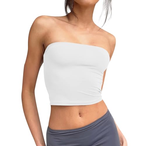 Singular-Point Cute Tops Summer,Bandeau Top Damen Crop Tops Y2K Mädchen Bustier Sommer Schulterfrei Tube Tops Ärmellos Outfits Slim Fit Oberteil Sommer Tops Damen 2025,Kurzer White,M von Singular-Point