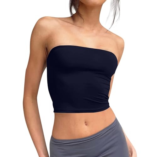 Singular-Point Cute Tops Summer,Bandeau Top Damen Crop Tops Y2K Mädchen Bustier Sommer Schulterfrei Tube Tops Ärmellos Vintage Outfits Slim Fit Oberteil Dark Blue,XS von Singular-Point