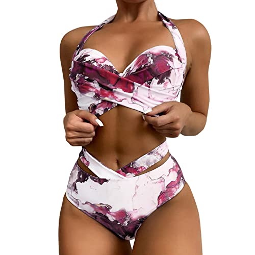 Singular-Point Damen Bikini bauchweg, Damen Bikini Set V Ausschnitt Neckholder Wickeloptik High Waist Bikini Bademode Blumenmuster Zweiteiliger Badeanzug Swimsuit,Pink,XXL von Singular-Point