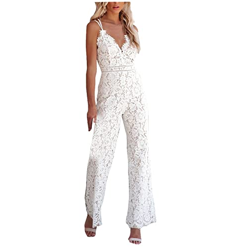 Singular-Point Damen Spitzen Jumpsuit Elegant Lang Hose mit Weitem Bein Spaghettiträger V-Ausschnitt Overall Modern Hosenanzug Festliche Hose zur Hochzeit Sommer Party Outfit Weiß 4XL von Singular-Point