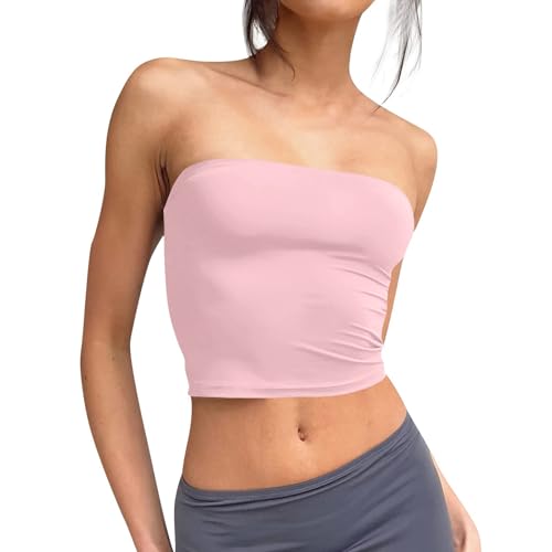 Singular-Point Damen Tank Top Und Shorts,Bandeau Top Damen Crop Tops Y2K Mädchen Bustier Sommer Schulterfrei Tube Tops Ärmellos Vintage Outfits Slim Fit Oberteil Pink,XS von Singular-Point