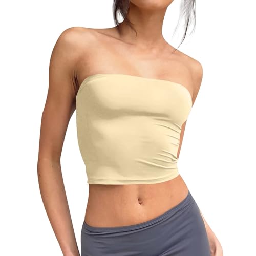 Singular-Point Damen Tube Top 2025,Bandeau Top Damen Crop Tops Y2K Mädchen Bustier Sommer Schulterfrei Tube Tops Ärmellos Vintage Outfits Slim Fit Oberteil Beige,XS von Singular-Point