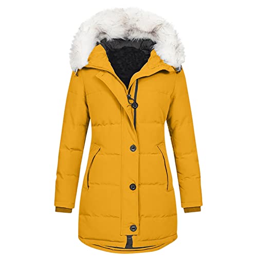 Singular-Point Damen Winter 2022 Mode Reißverschluss Steppjacke Mantel Oberbekleidung (S-XXL, ohne Kapuze) plüschjacke damen flauschig,Gelb,XXL von Singular-Point
