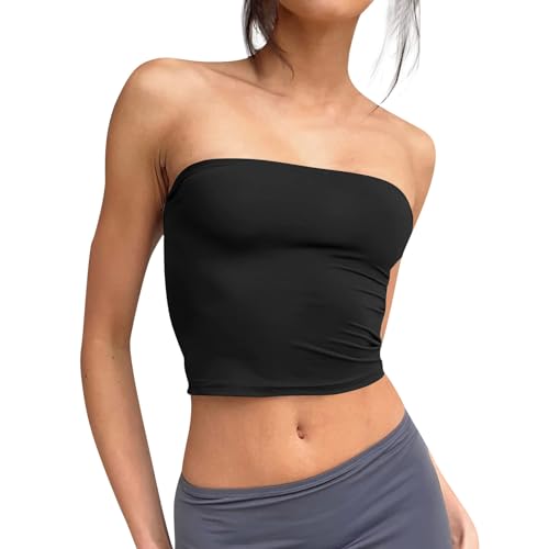 Singular-Point Gelbes Top,Bandeau Top Damen Crop Tops Y2K Mädchen Bustier Sommer Schulterfrei Tube Tops Ärmellos Outfits Slim Fit Oberteil Sommer Tops Damen 2025,Kurzer Black,L von Singular-Point
