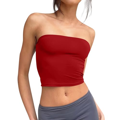 Singular-Point Going Out Tops,Bandeau Top Damen Crop Tops Y2K Mädchen Bustier Sommer Schulterfrei Tube Tops Ärmellos Outfits Slim Fit Oberteil Sommer Tops Damen 2025,Langer Red,S von Singular-Point