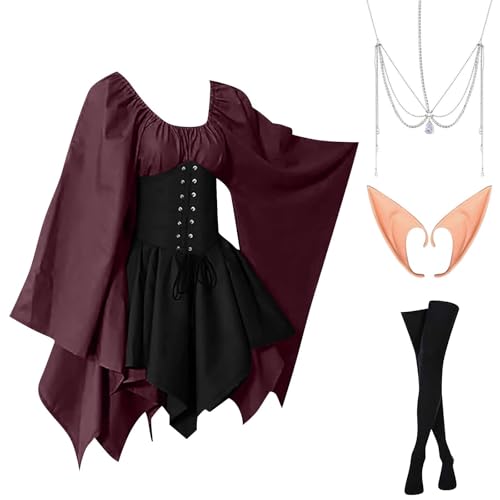 Singular-Point Halloween Kleid Damen Gothic Mittelalter Retro Rolle Spielen Corset Schnürung Glockenärmel Elegant Festliche Kleider Halloween kostüm Frau Wine M von Singular-Point
