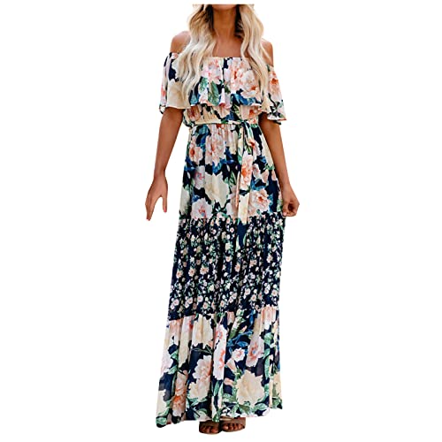Singular-Point Mexikanisches Kleid Damen Sommerkleid Boho Kurzarm Maxikleider Swiss Dot Gesmoktes Strandkleid lang Rüschen Volant Kleid Off Shoulder Freizeitkleid Partykleid B# Dark Blue,XL von Singular-Point