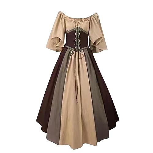 Singular-Point Weihnachtskleid Damen, Wensdaykostüm Mädchen, Damen Renaissance Mittelalter Kostüme Kleid Trompetenärmel Gothic Retro Kleid,6 Brown,S von Singular-Point