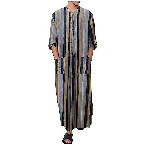 Singular-Point kaftan herren kleidung leinen arabische für herren, knöpfen kostüm lang langarm mit tasche weiß, herren nachthemd langarm (Blue，M) von Singular-Point