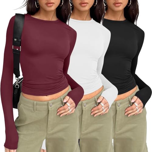 Sommer Tops y2k Frauen Long Sleeve Rundhalsausschnitt Y2K Oberteile Einfarbig y2k top Slim Fit Tops Teenager mädchen t-Shirt y2k, Damen Sommer elegant Sommer ärmellos Tank Tops t-Shirt Wine,M von Singular-Point