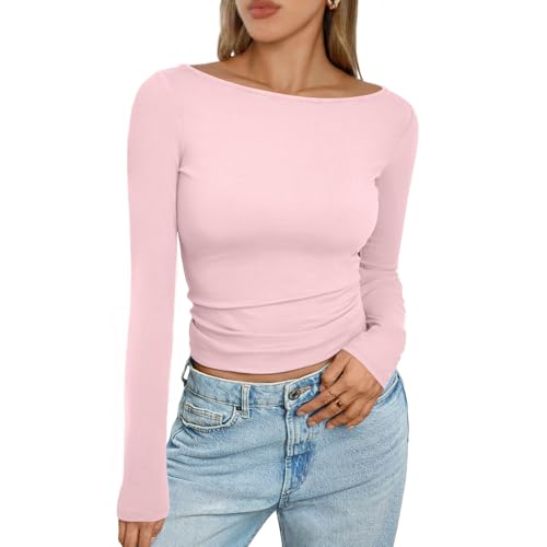 Summer Tops y2k 2025 Damen Long Sleeve Round Neck Y2K Oberteile Einfarbige y2k top Slim Fit Sommer Tops Damen bauchfrei Sommer Tops y2k, Tshirt Damen Sommer Pink,S von Singular-Point