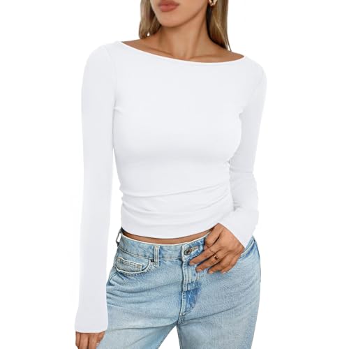Summer Tops y2k Damen Langarm Rundhals Y2K Oberteile Solid Color top Slim Fit Crop top Teenager mädchen y2k Oberteil, Tshirt Damen Sommer White,XS von Singular-Point