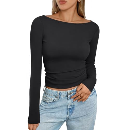 Summer Tops y2k Teenager Mädchen Long Sleeve Crew Neck Bluse T-Shirts Einfarbige t-Shirt y2k Slim Fit top Damen bauchfrei Crop top Spitze, Frauen Tops für Sommer Black,S von Singular-Point