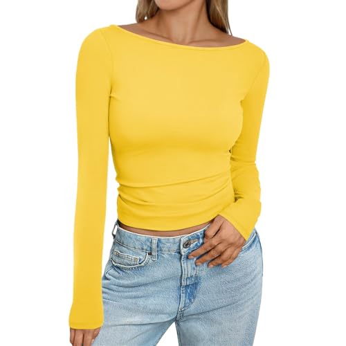 gelbe t-Shirts Damen Summer Tops y2k 2025 Teenager Mädchen Langarm Schulterfreies Oberteile Solid Color y2k top Slim Fit top Damen Oversize y2k Crop top Langarm von Singular-Point