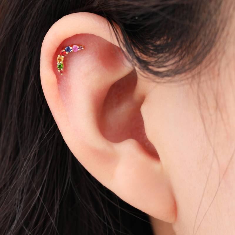 14K Solid Gold Curved Bar Edelstein Ohrstecker/Mond-Form Knorpel Ohrstecker/Threadless Push Pin Ohrstecker/Regenbogen Helix Conch Ohrstecker von SingularSpark