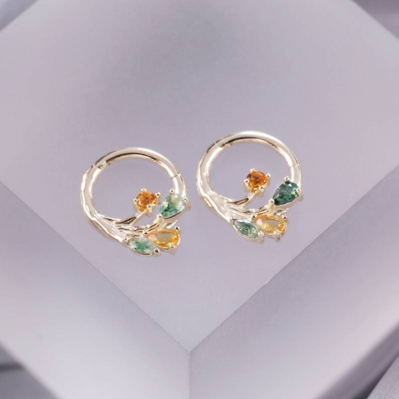 14K Solid Gold Moosachat Diamant Schnitt Clicker/Multi Gem Blattform Septum Ring Nasenring Citrin Conch Hoop Daith Huggie von SingularSpark