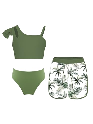Sinleey 3 Teiliges Bikini Set Mädchen Badeanzug Kinder Badebekleidung Schwimmanzug 5-16 Jahre A Grün 158-164 von Sinleey