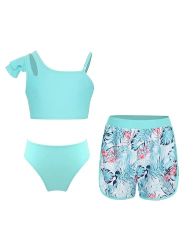Sinleey 3 Teiliges Bikini Set Mädchen Badeanzug Kinder Badebekleidung Schwimmanzug 5-16 Jahre A Hellgrün 146-152 von Sinleey