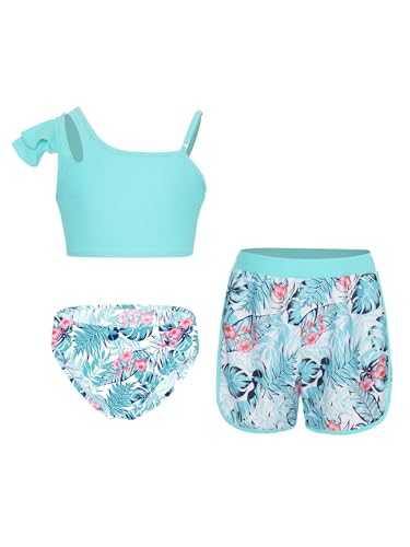 Sinleey 3 Teiliges Bikini Set Mädchen Badeanzug Kinder Badebekleidung Schwimmanzug 5-16 Jahre A Palmenblätter 170 von Sinleey